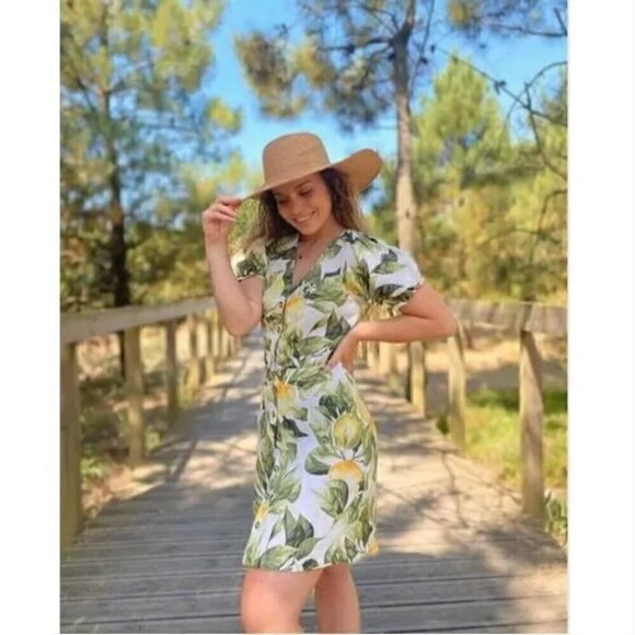H&M Linen Blend Mini Dress S Lemon Leaf Print Cotton Blogger Fav Summer Vacation - Picture 10 of 14
